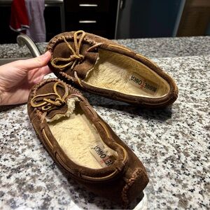Minnetonka Brown Moccasins with Decorative Lacing